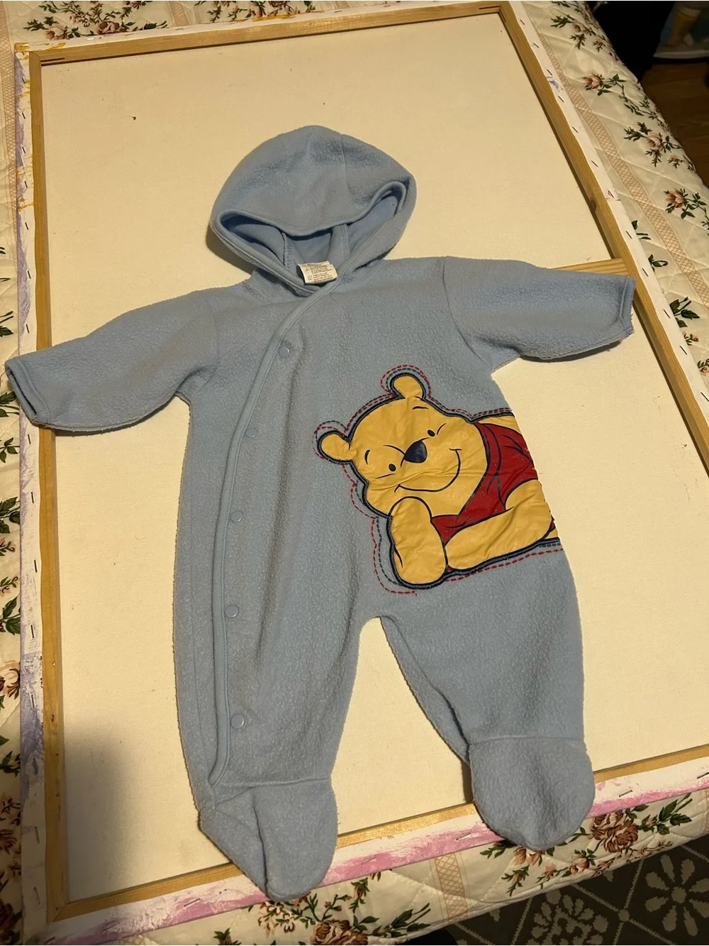 Unbranded Baby Blue Hooded One-Piece with Winnie Bear Appliqué